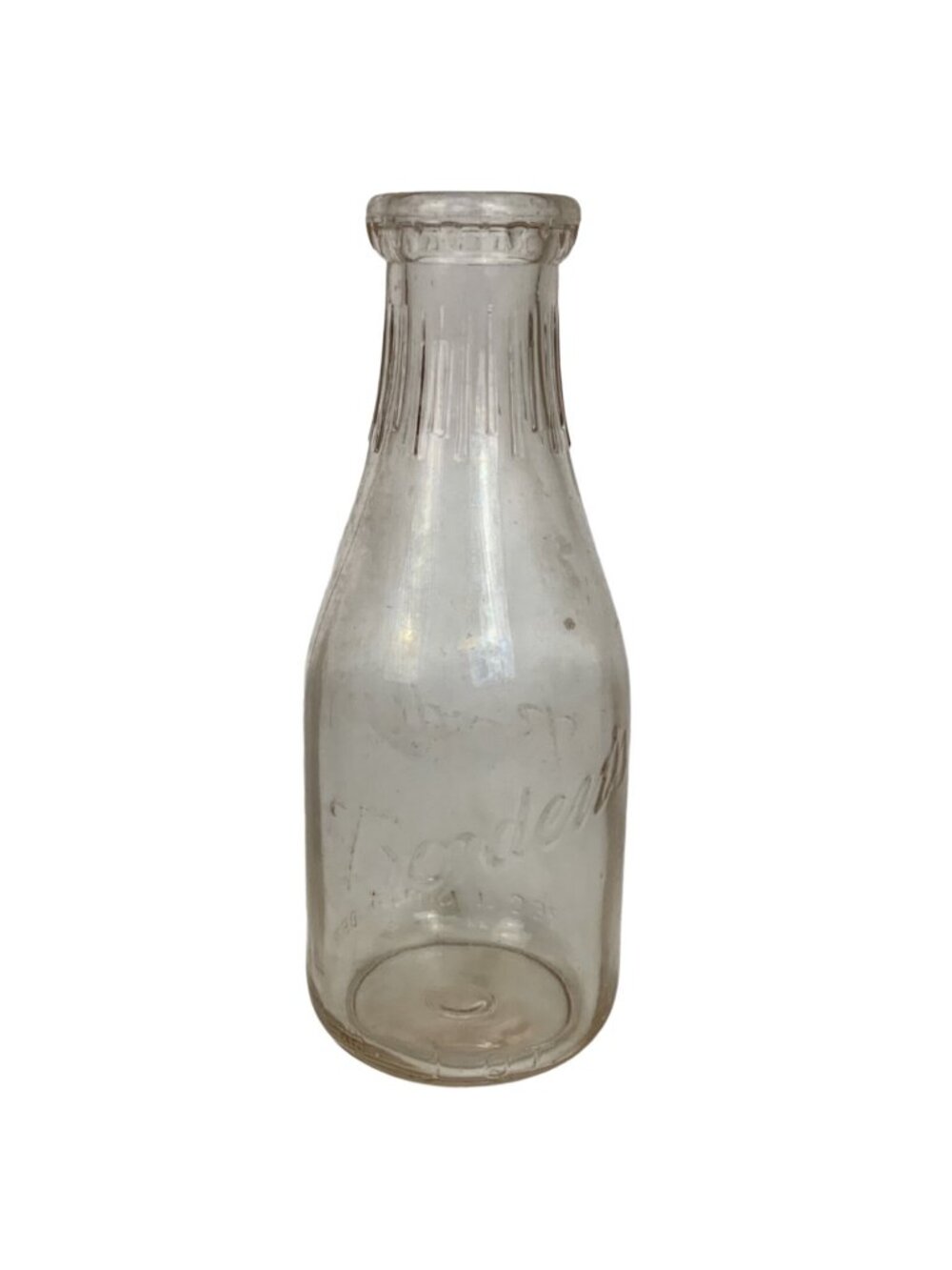 Vintage Bordens Clear Glass Milk Bottle Ribbed Neck Embossed Logo 1 Quart